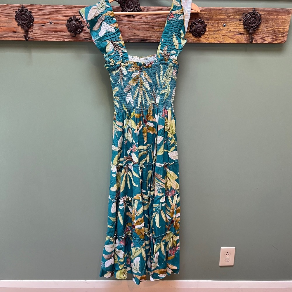 Few Moda New York Teal Tropical Floral Smocked Tiered Linen Blend Midi‎ Dress M